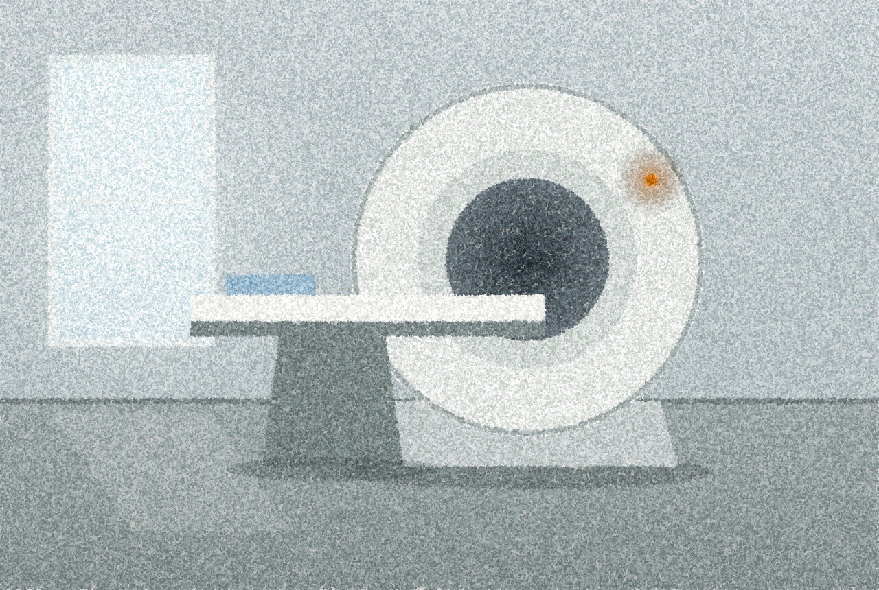 A pointillist illustration: a quiet hospital imaging room in cool daylight, a large ring-shaped scanner with its patient table empty and a folded pale blue sheet on it, a tall window to the side, with one amber point of light from a standby lamp on the scanner.