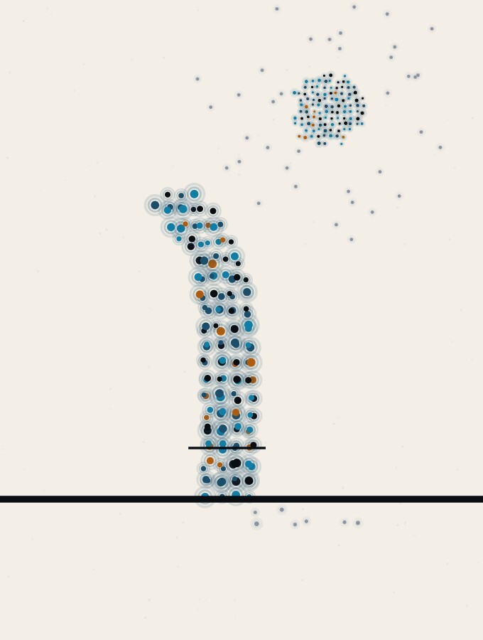 An abstract illustration in pointillist dots: a slender dot-column on a low horizon bends gently backwards at its top like an arch, while a dense dot-sphere hangs above and slightly to one side of it, with a thin horizontal rule crossing the column near its base.