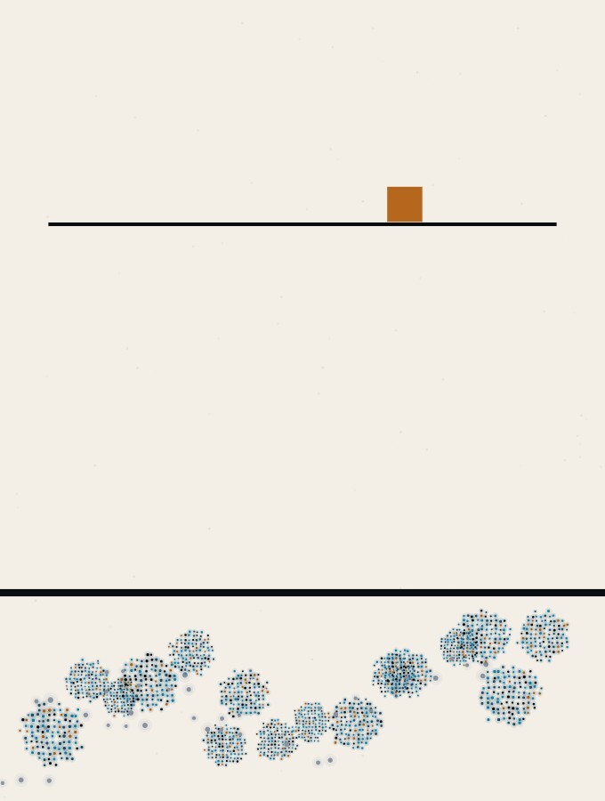 An abstract illustration in pointillist dots: many small dot-spheres scattered across a wide calm horizon, some with faint shadows, and above them a single straight horizontal rule drawn across the sky with one small amber square sitting on it.
