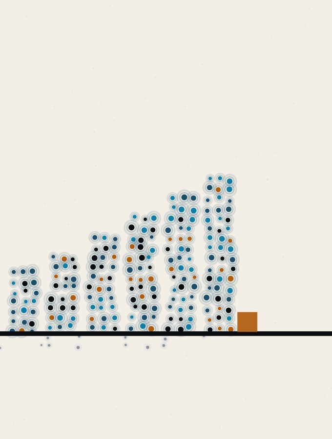 An abstract illustration in pointillist dots: a row of evenly spaced, equal dot-columns stands on a calm horizon, rising in small regular steps from left to right, with one small amber square resting at the foot of the tallest column.