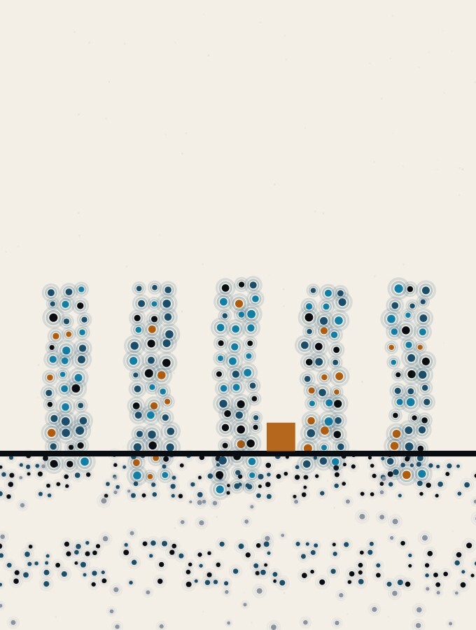 An abstract illustration in pointillist dots: a row of five equal dot-columns standing on a calm horizon, their bases resting on alternating bands of dense and sparse dots, with a small amber square in the gap between the third and fourth.