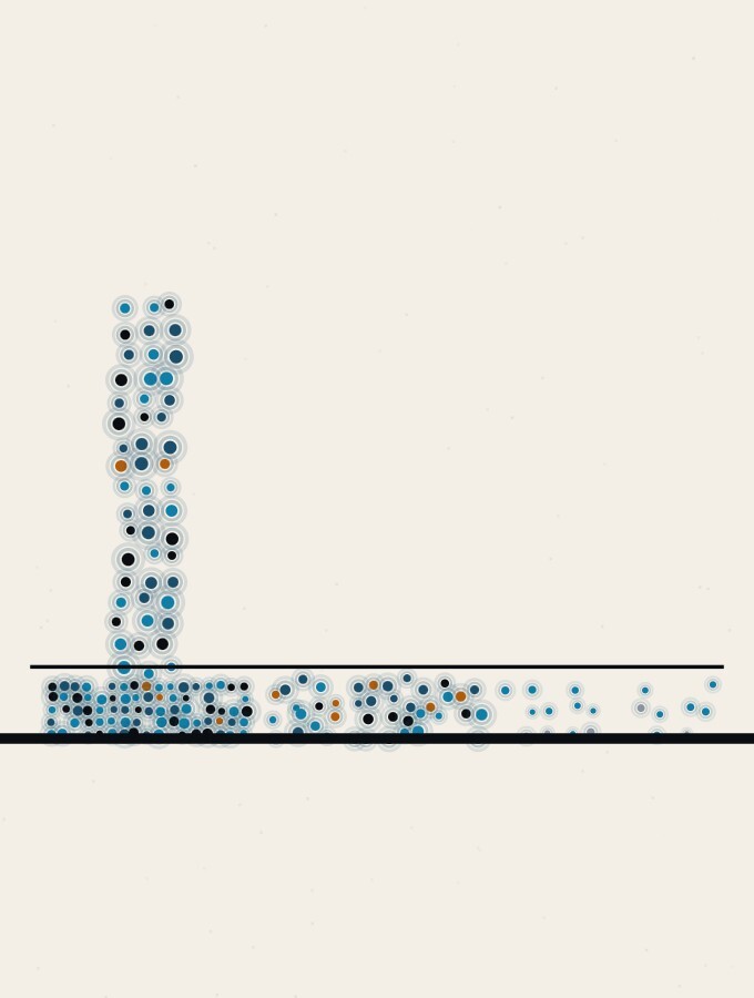 An abstract illustration in pointillist dots: three flat slabs of dots resting on a low horizon, one dense, one loose, one pale, with a single slender dot-column rising from the densest slab.