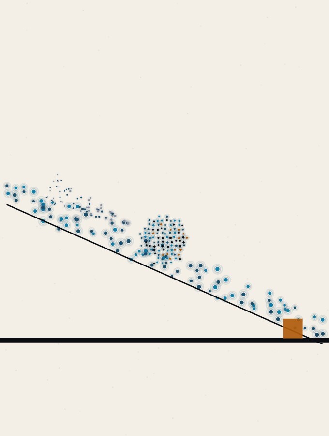An abstract illustration in pointillist dots: a single dot-sphere halfway along a long low ramp of loose dots, its trail fanning out behind it, with a small amber square resting at the ramp&rsquo;s foot.