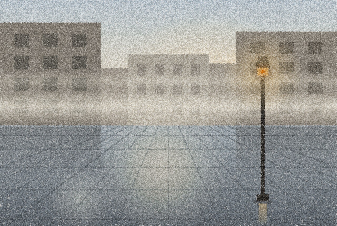 A pointillist illustration: an empty city square at dawn after rain, wet paving stones reflecting a pale sky, a low haze drifting between plain stone buildings and a single street lamp still lit, with one amber point of light in the lamp.