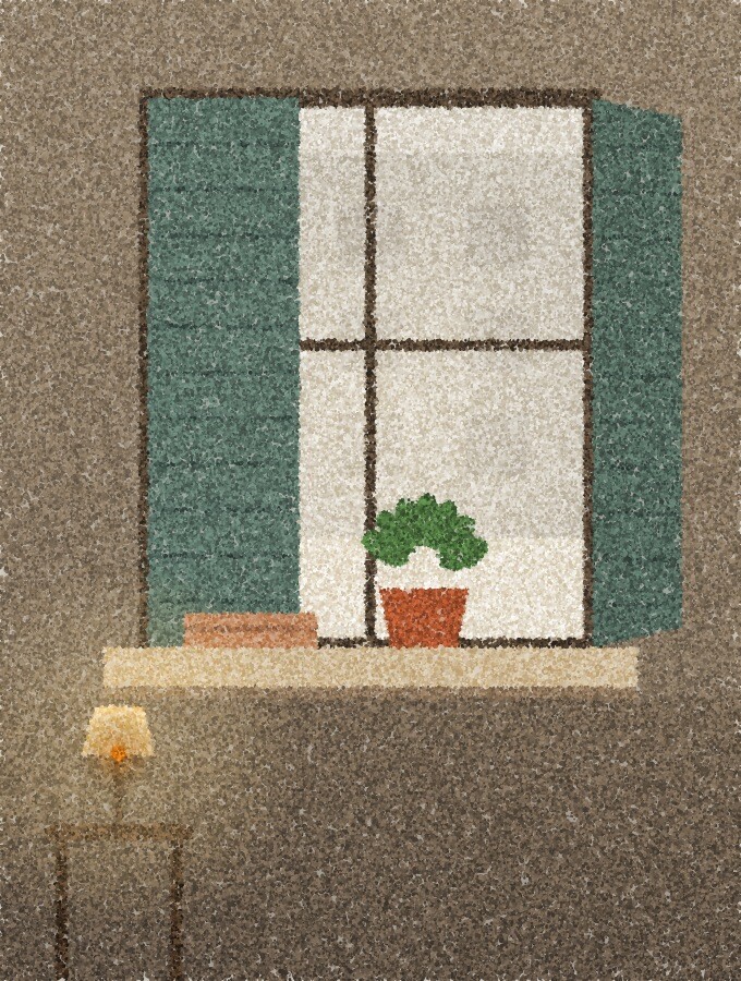 A pointillist illustration: a tall window in an old apartment building seen from inside, the shutters half closed against a hazy street, a potted plant and a folded blanket on the sill, with one amber point of light from a small lamp.