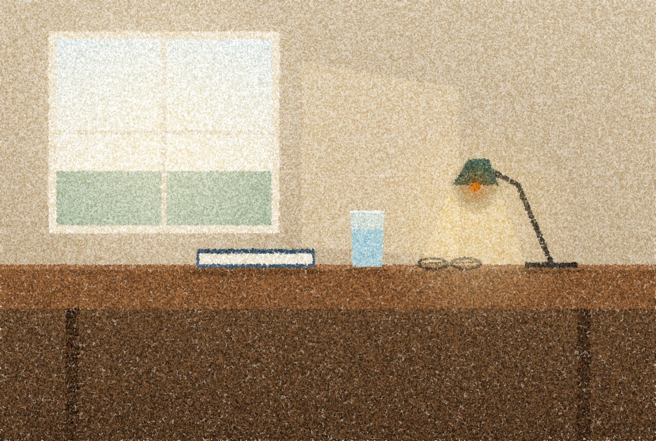 A pointillist illustration: a plain wooden desk by a window in soft afternoon light, a closed book, a glass of water and a folded pair of reading glasses on the desk, with one amber point of light from a desk lamp.