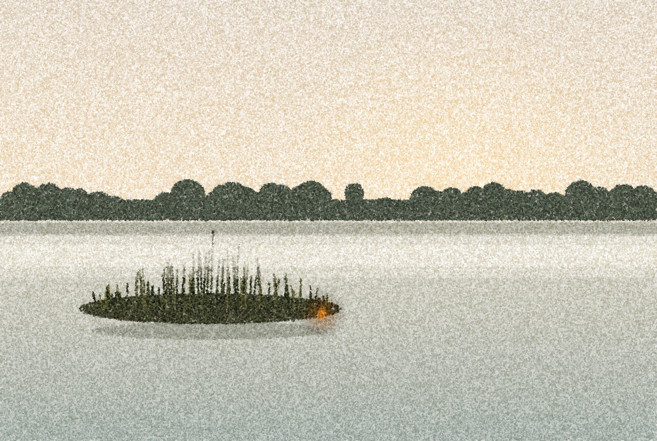 点描画:夜明けの静かな湖に低い葦の島があり、水面に細く霧がかかっている。水際に小さな琥珀色の光が一つ。