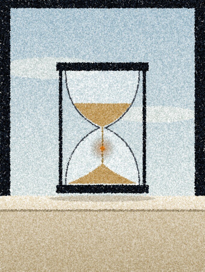 点描画:淡い窓辺に砂時計が立ち、その向こうに柔らかな青空が広がる。落ちていく砂の中に琥珀色の点が一つ。