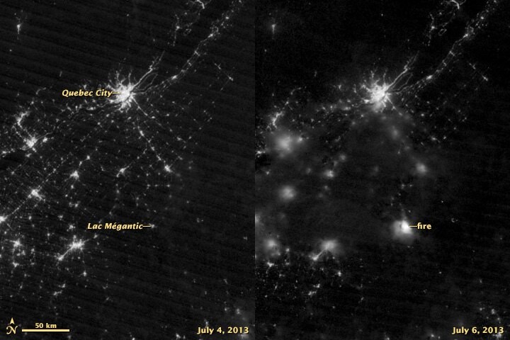 Satellite image of smoke over the town of Lac-Mégantic