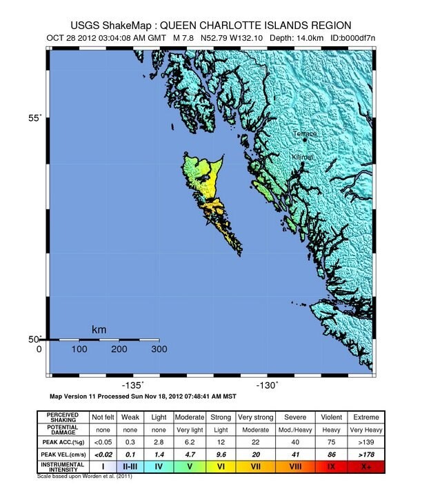 Shaking intensity map of the 2012 Haida Gwaii earthquake off British Columbia