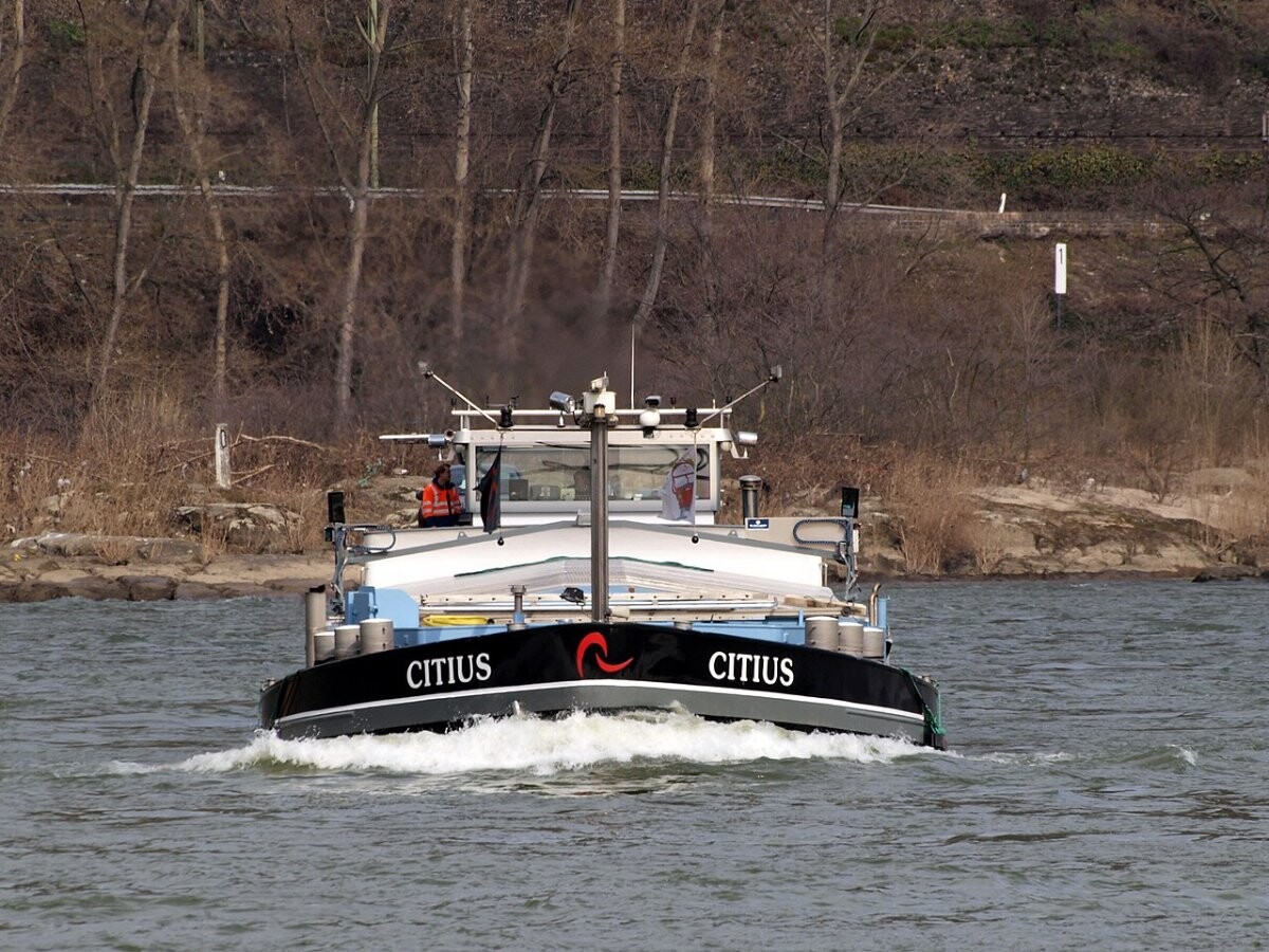 An inland cargo ship on the Rhine