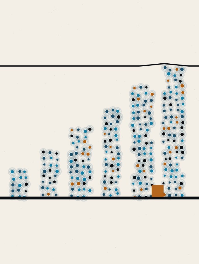 An abstract illustration in pointillist dots: a row of dot-columns standing on a low horizon, each a little taller than the one before, the tallest at the right pressing up against a thin horizontal rule drawn across the sky.