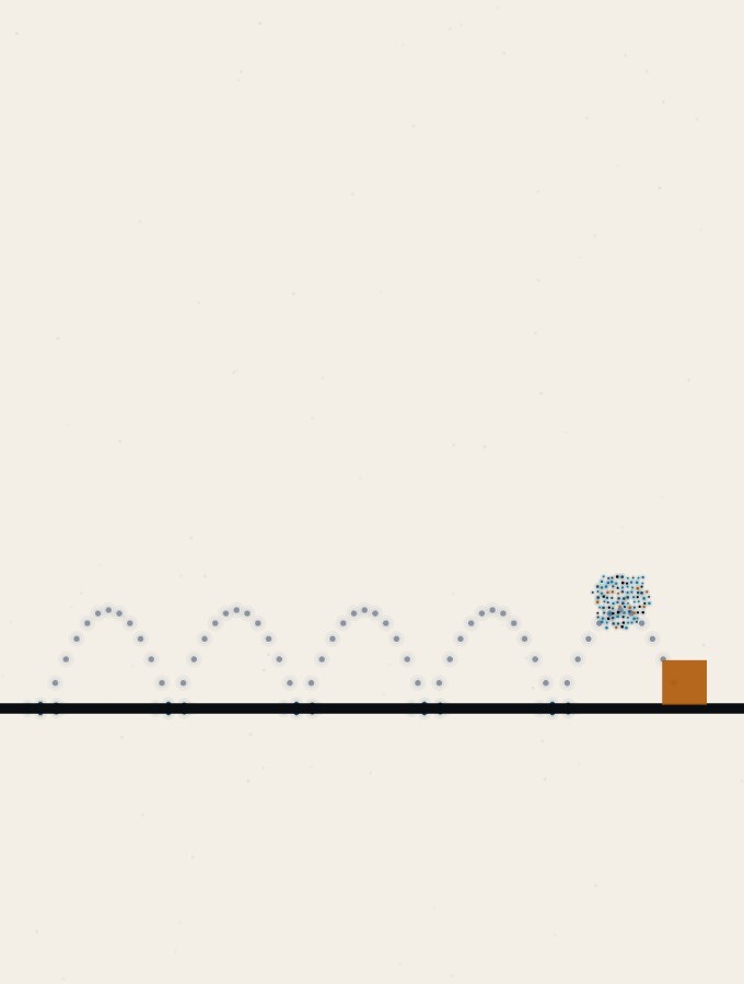 An abstract illustration in pointillist dots: a small dot-sphere travelling across a wide horizon in a series of low, even arcs, each landing marked by a faint ring of dots, with a small amber square resting where the last arc touches down.