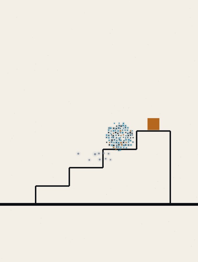 An abstract illustration in pointillist dots: a single dot-sphere resting on the third step of a low staircase drawn as thin straight rules rising from the horizon, with one small amber square waiting on the top step.