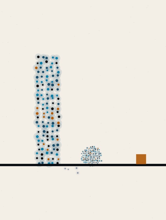 An abstract illustration in pointillist dots: a single dot-sphere resting on a horizon beside a tall column of dots that has been neatly divided into short stacked segments, with one small amber square set aside on the ground.
