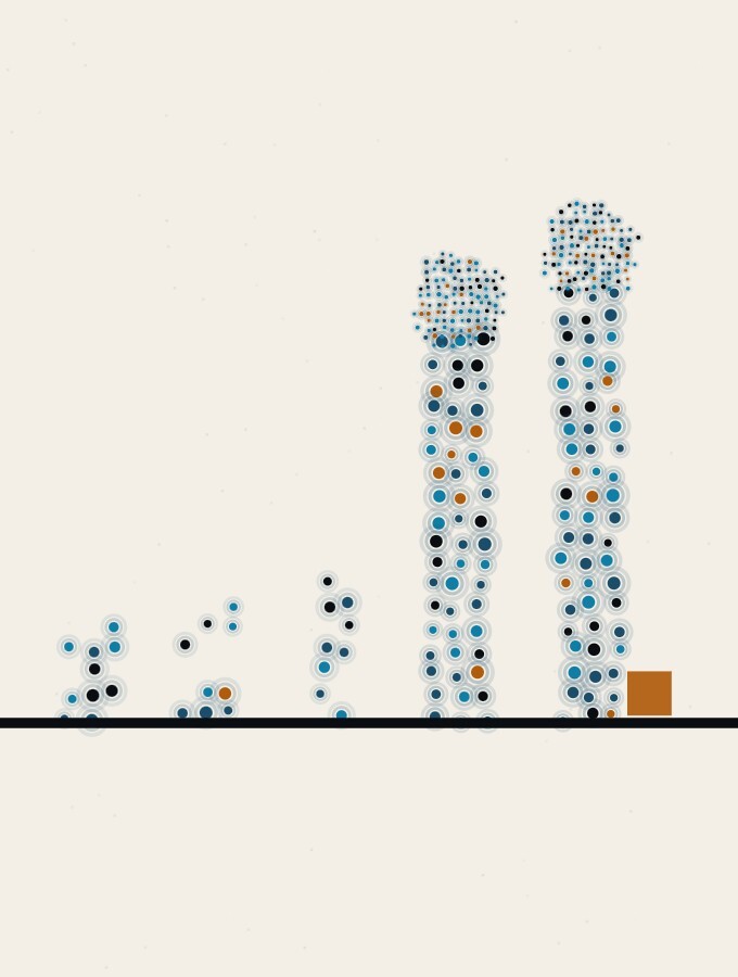 An abstract illustration in pointillist dots: a row of dot-columns of different heights on a horizon, the two tallest at the right end carrying heavy dot-spheres, with one small amber square at the foot of the tallest column.