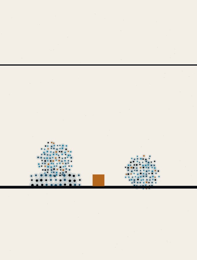 An abstract illustration in pointillist dots: two dot-spheres side by side on a horizon, the left one resting on a firm slab of dense dots, the right one on bare ground, with one small amber square between them.