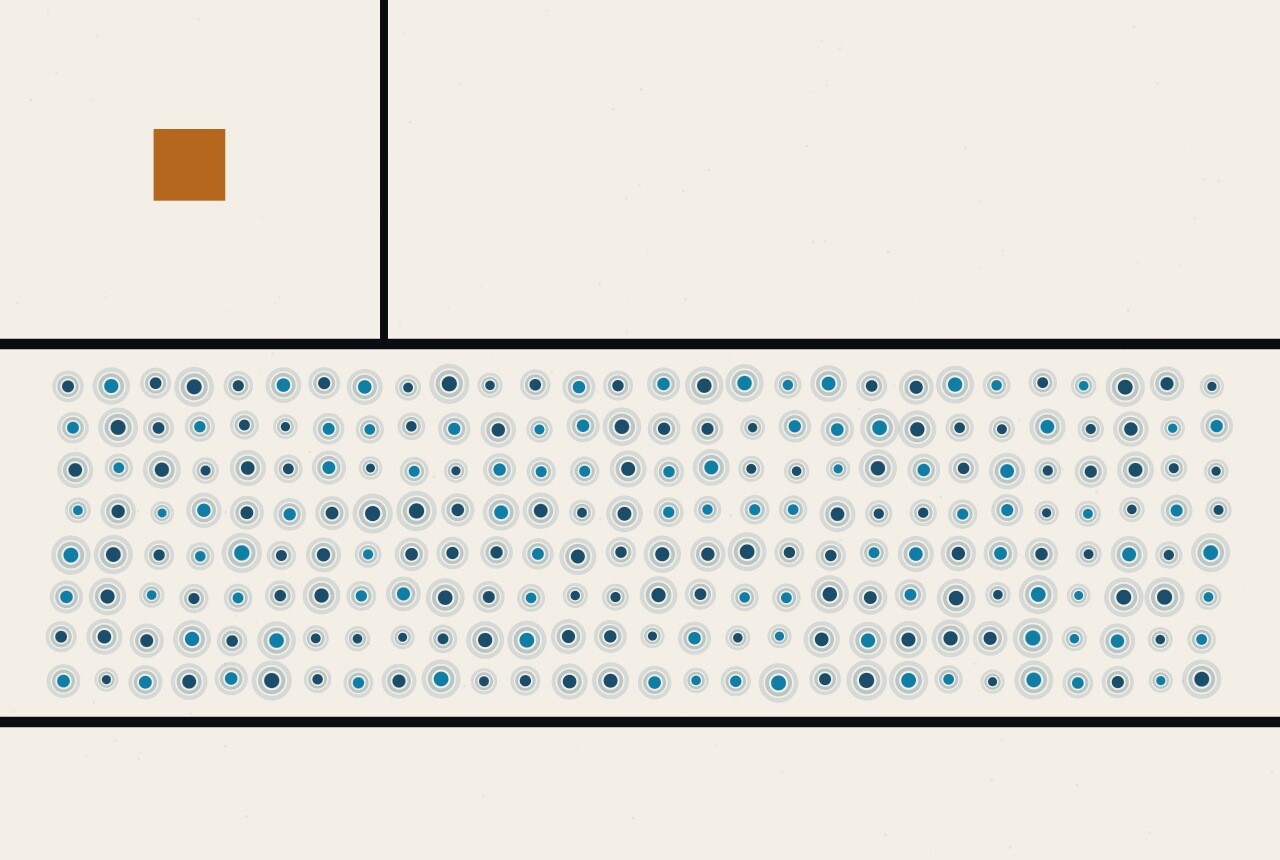 An abstract illustration in dots and straight lines: evenly spaced rows of blue dots held between two horizontal black rules, with one small amber square in the open space above.