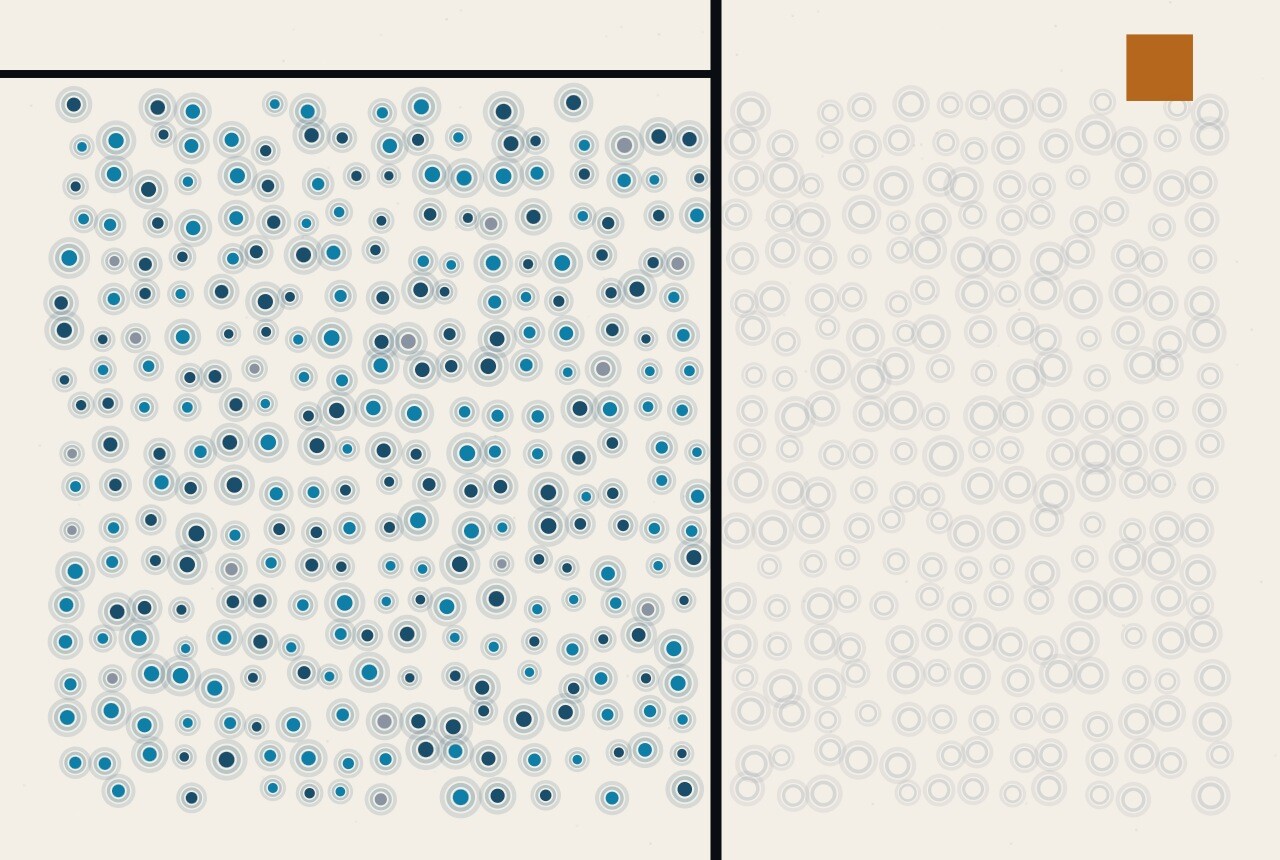 An abstract illustration in dots and straight lines: a field of blue dots on the left, and on the right a column whose dots are drawn only as faint grey outlines behind a vertical rule.