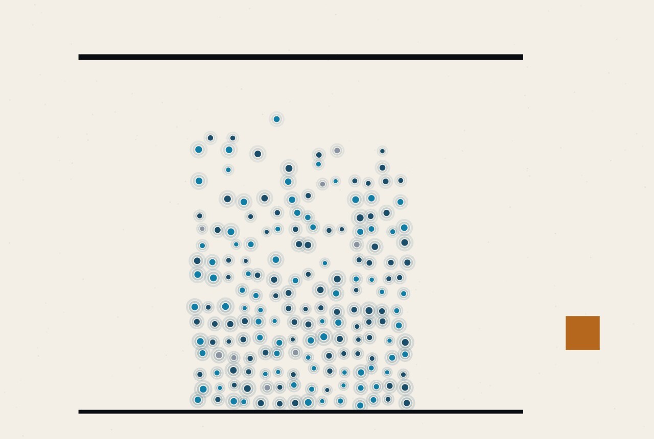 An abstract illustration in dots and straight lines: a tall column of blue dots that thins towards the top, with a horizontal rule drawn above where the dots stop.