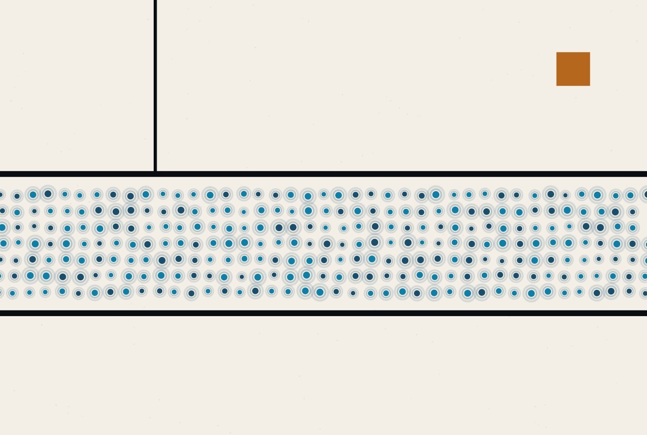 An abstract illustration in dots and straight lines: a calm horizontal band of evenly spaced blue dots between two parallel rules, with a small amber square in an empty corner.