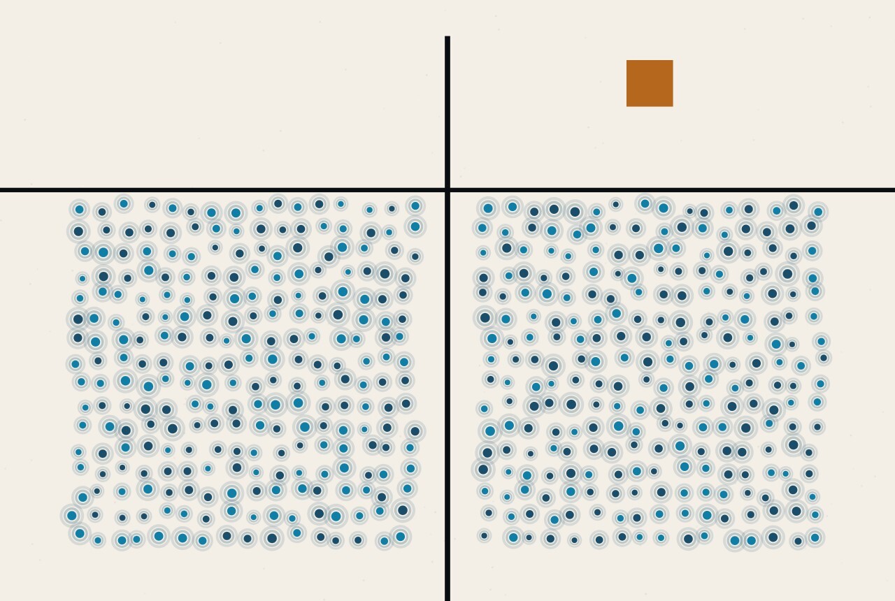 An abstract illustration in dots and straight lines: two equal fields of blue dots side by side, separated by a thin vertical rule, one with a small amber square above it.
