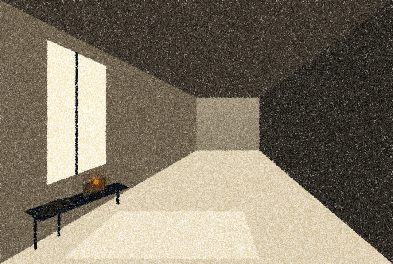 A pointillist illustration: an empty corridor in morning light, a plain wooden bench beneath a tall window, a folded coat and a small cardboard box resting on the bench, with one amber point of light on the box.