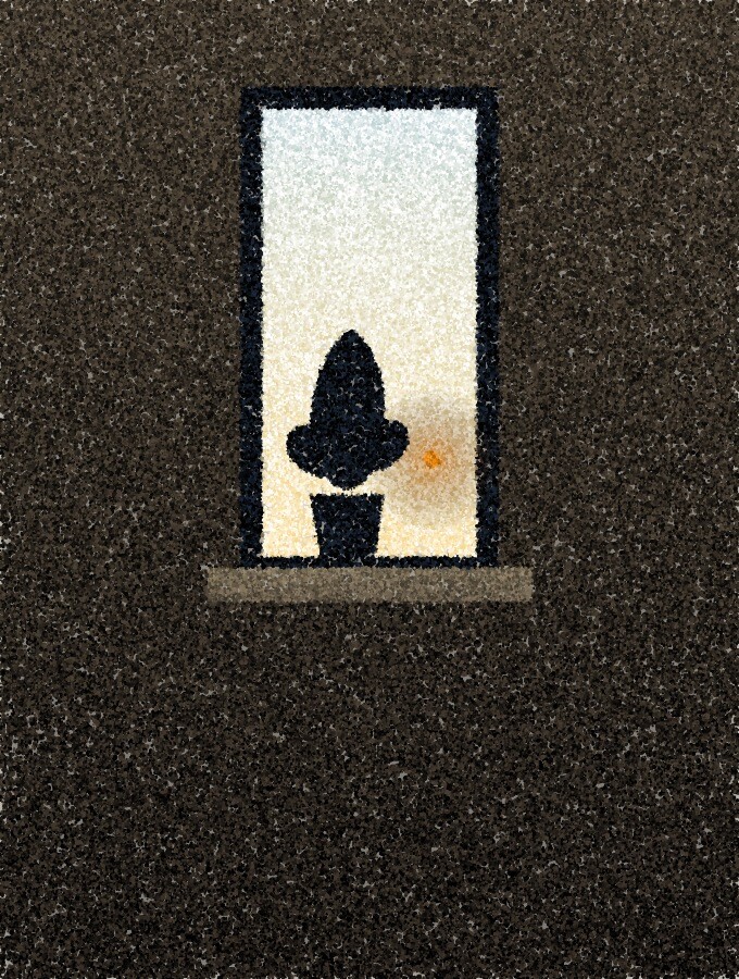 A pointillist illustration: a tall narrow window high in a pale wall, a small potted plant on the sill and a strip of morning sky beyond, with one amber point of light where the sun is rising.
