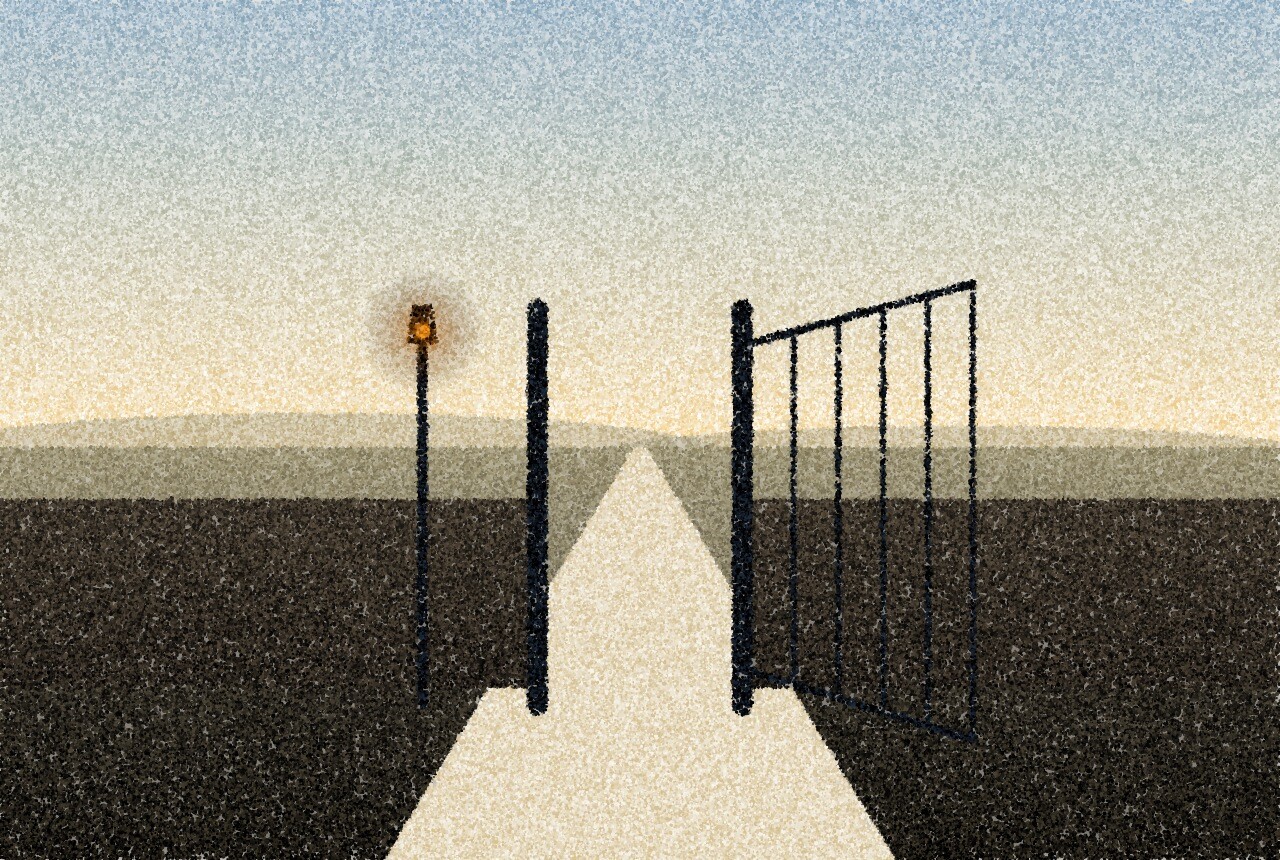 A pointillist illustration: a long stone wall at dawn with a tall iron gate standing open, a pale road leading away across empty fields towards low hills, with one amber point of light in a lamp beside the gate.